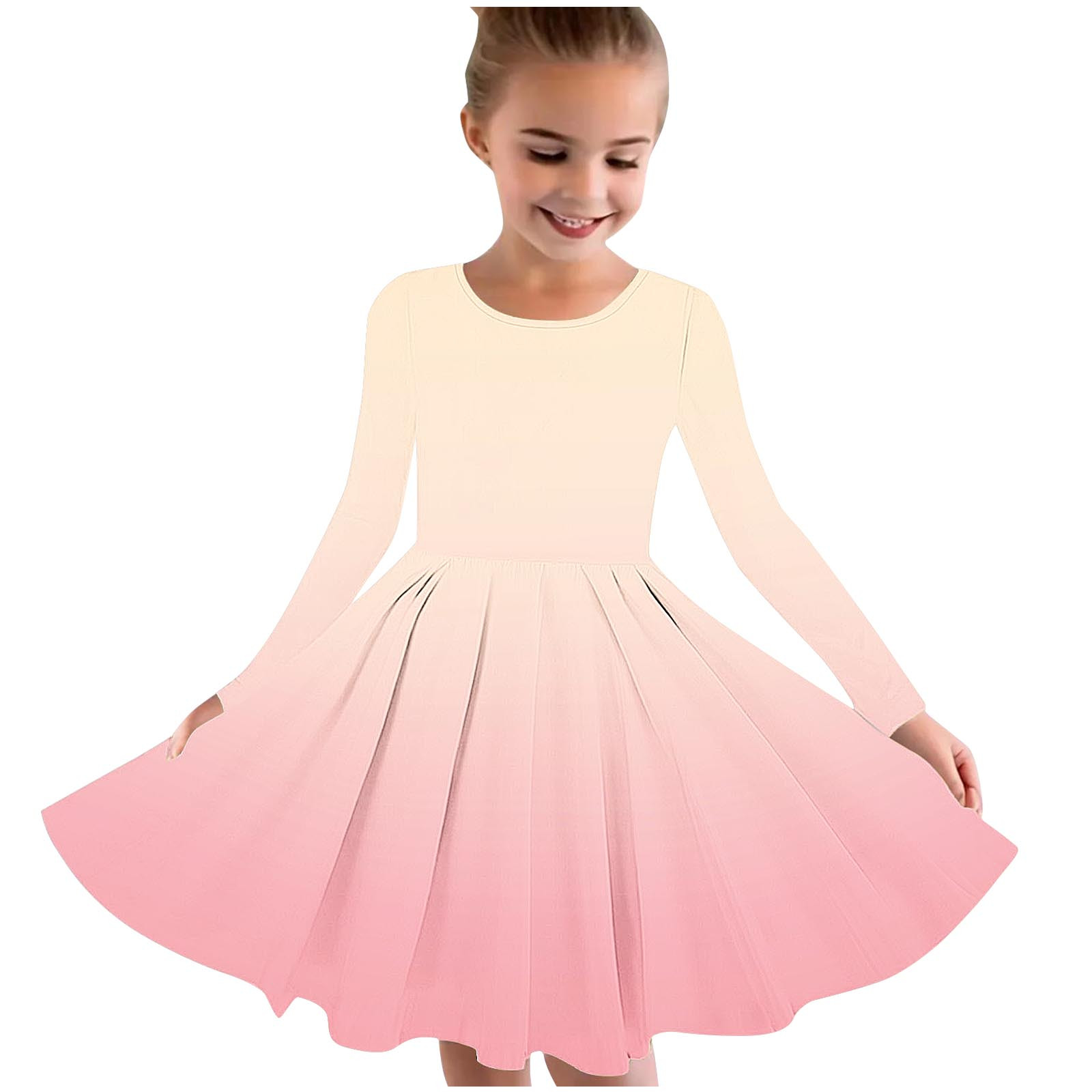 4-14Y Girls Long Sleeve Skater Twirl Dress Gradient Color Stretchy A Line School Recital Dress Flowy Round Neck Fall Dress Pink